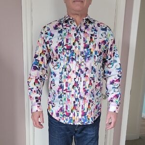 Blue and Purple Casual Button Down Shirt with Artistic Design